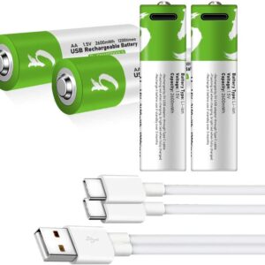 1x Rechargeable AA Battery 1.5V 550mWh USB Lithium ion Rechargeable AAA Battery Works with USB Type C Charging Cable, High Capacity Fast Charge, 1200 Cycles Constant Output, Over-Charge Protection (Cable Not Included)