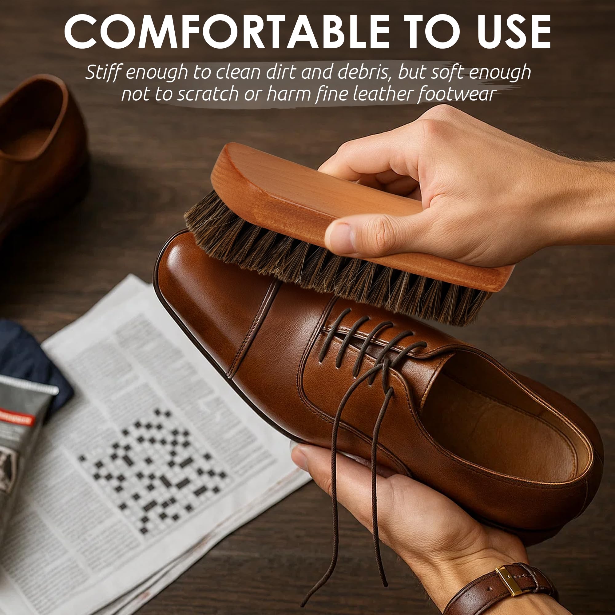 Premium 100% Horsehair Shoe Brush with Curved Wooden Handle – Soft Bristles for Leather Shoes, Boots & Bags – Professional Polishing & Cleaning Brush - Image 3