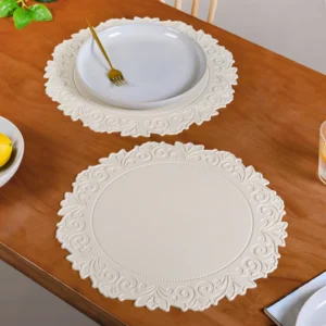 Round Heat Pad Placemat–White Decorative Table Mat for Hot Pots, Dishes & Kitchen Protection.